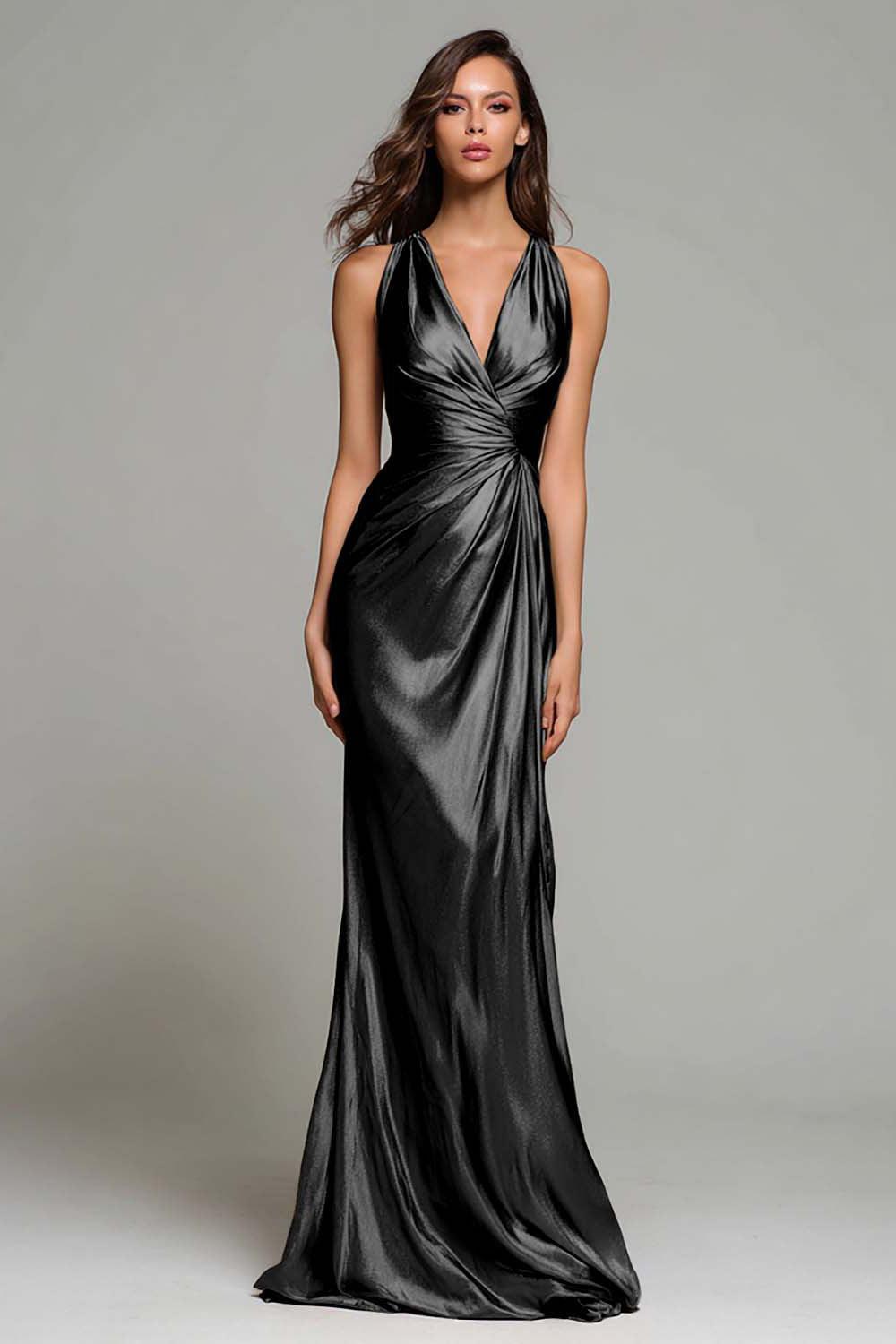 Suzhoufashion Elegant Gold Ruched V-Neck Mermaid Long Metallic Prom Dress