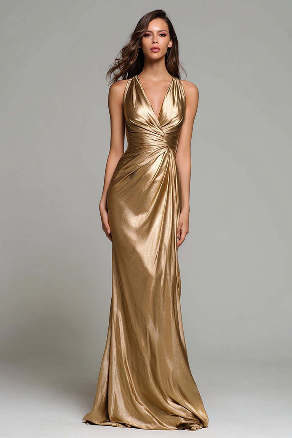 Suzhoufashion Elegant Gold Ruched V-Neck Mermaid Long Metallic Prom Dress