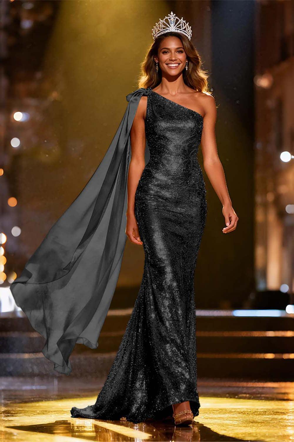 Suzhoufashion Elegant Gold Sequin One Shoulder Long Pageant Dress With Side Cape