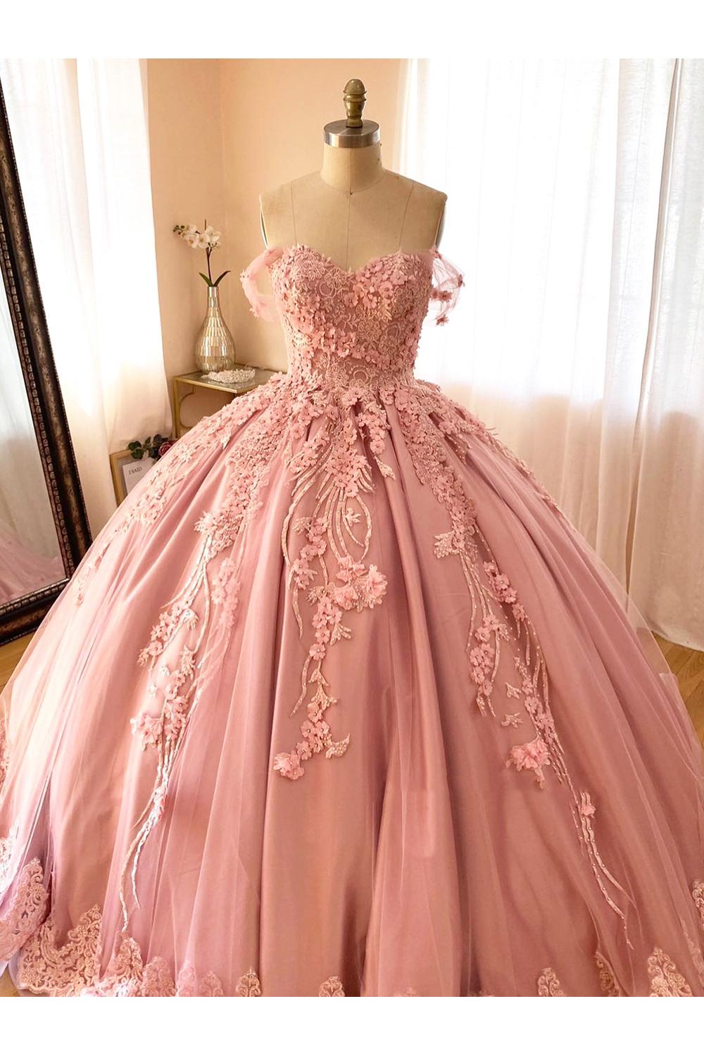 Elegant & Gorgeous Ball Gown Off Shoulder 3D Flower Lace Appliques Beaded Pink Satin Quinceanera Dress For Sweet 16