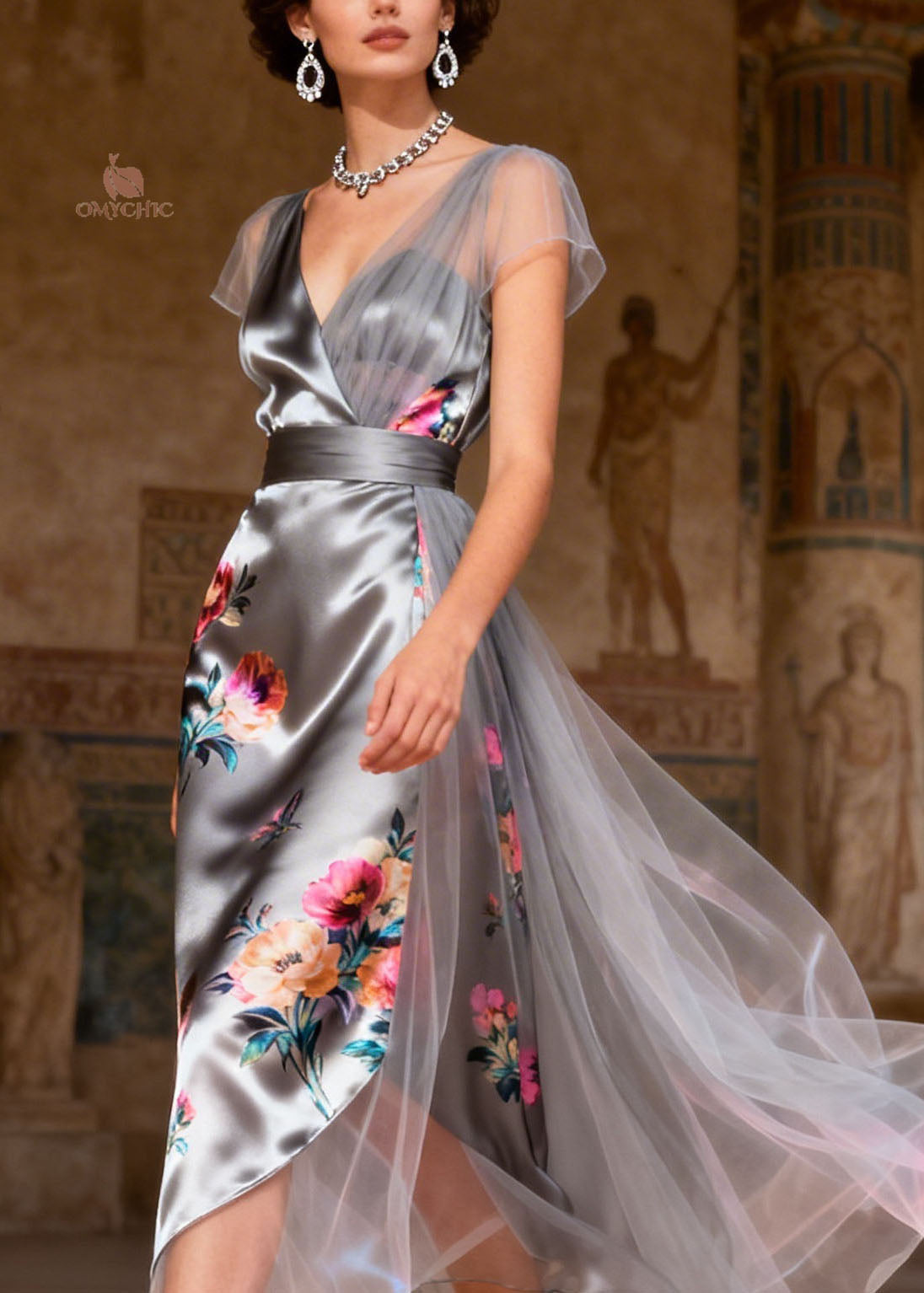 Elegant Grey V Neck Print Tulle Patchwork Silk Dress Summer