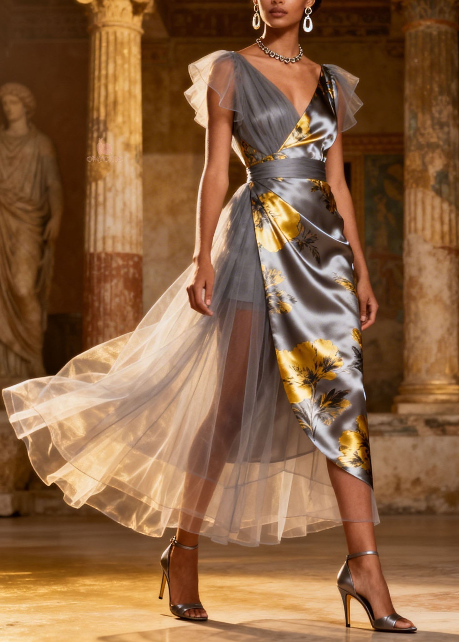 Elegant Grey V Neck Tulle Patchwork Silk Long Dress Summer