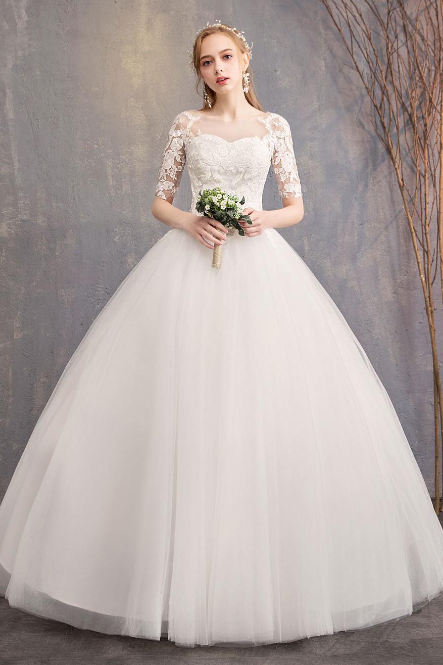 Elegant Half Sleeves Lace Tulle White Ball Gown Wedding Dresses