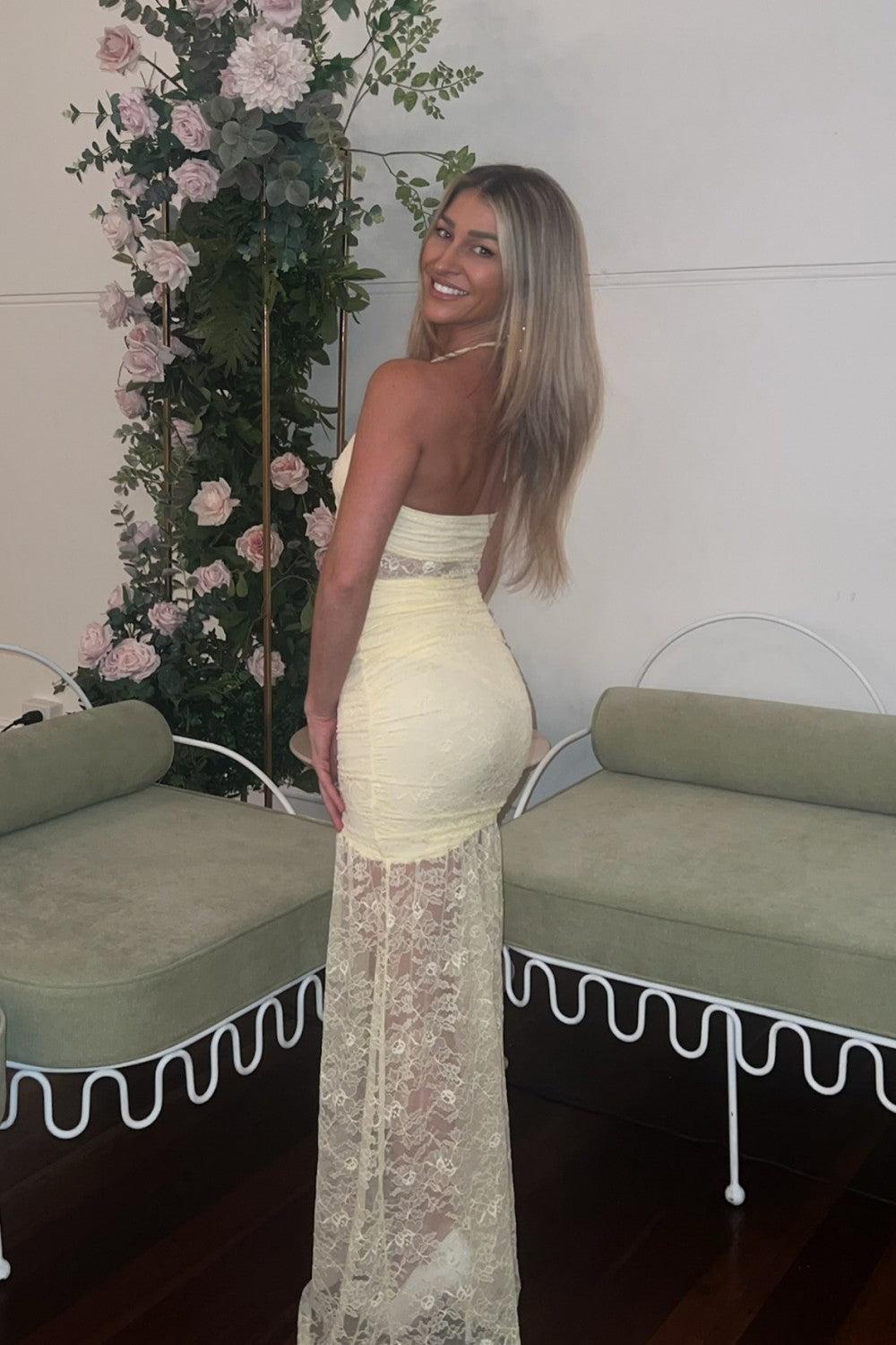 Suzhoufashion Halter Neck Prom Dress With Corset Top And Sheer Lace Long Skirt Formal Evening Gown