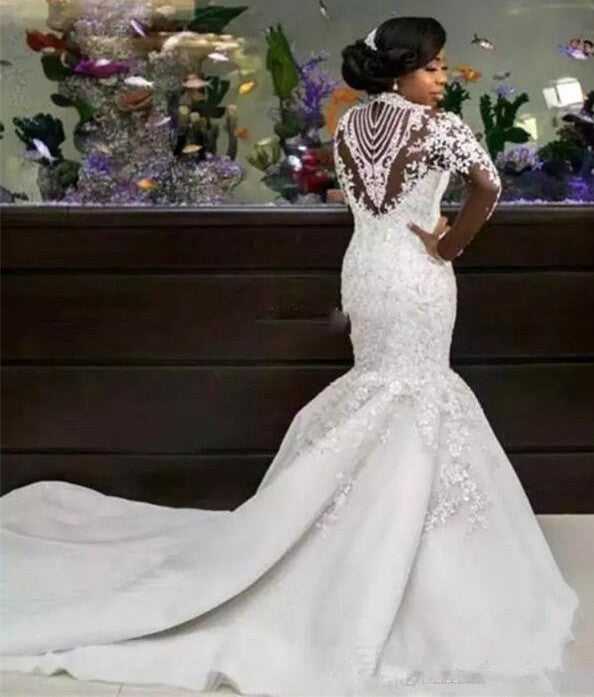 Elegant High Neck Lace Appliques Wedding Dresses | Long Sleeves Crystal Sexy Mermaid Bridal Gowns