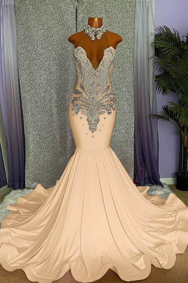 Elegant High-neck Sleeveless Mermaid Prom Dress With Beading