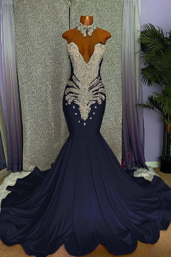 Elegant High-neck Sleeveless Mermaid Prom Dress With Beading