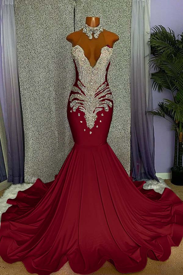 Elegant High-neck Sleeveless Mermaid Prom Dress With Beading