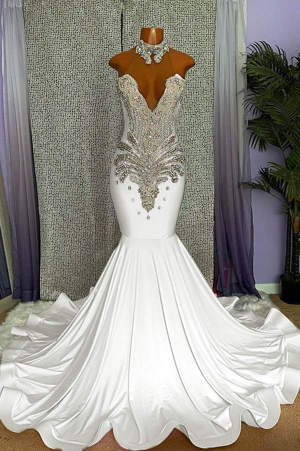Elegant High-neck Sleeveless Mermaid Prom Dress With Beading