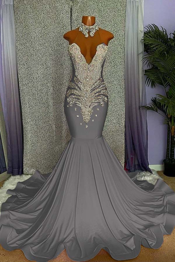 Elegant High-neck Sleeveless Mermaid Prom Dress With Beading