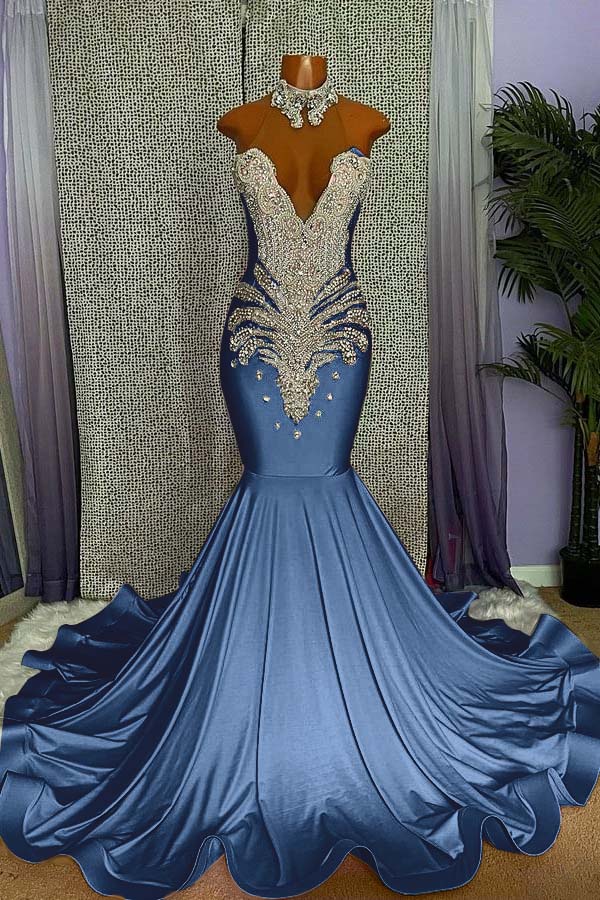 Elegant High-neck Sleeveless Mermaid Prom Dress With Beading