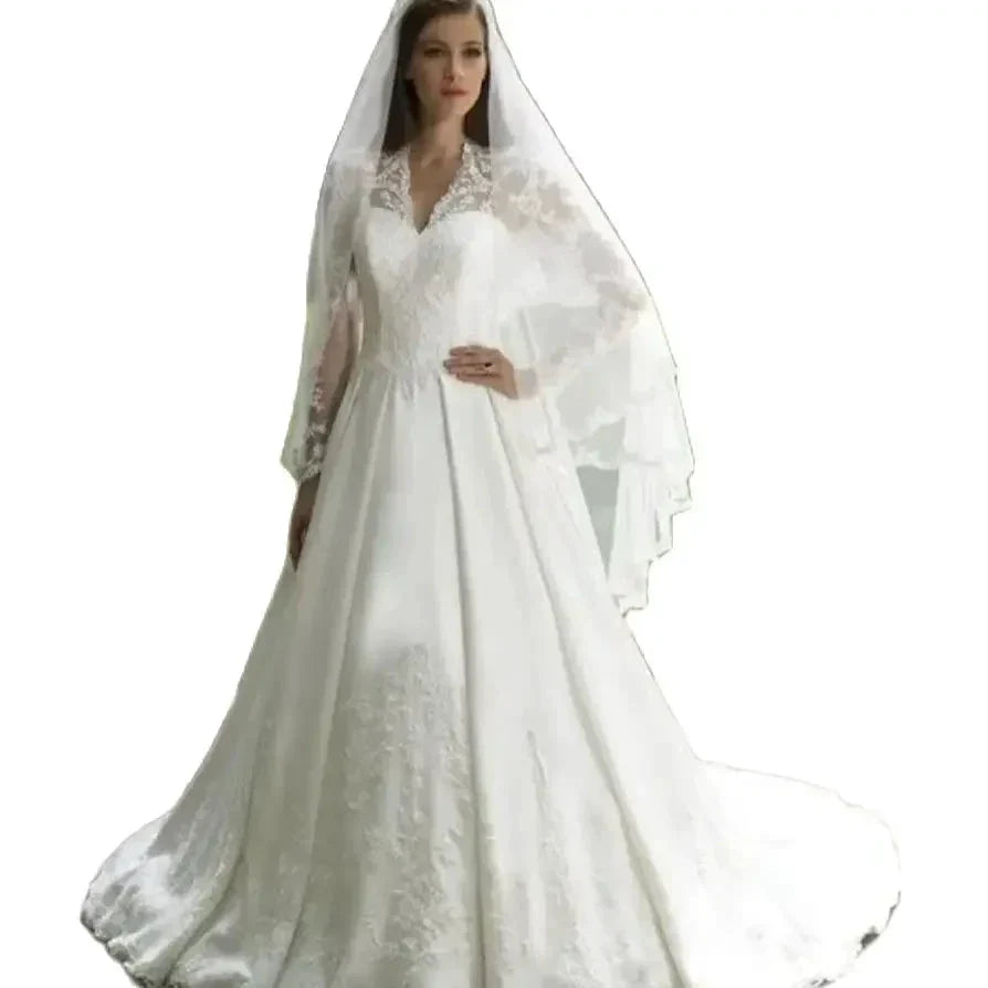 Elegant Italian white bridal dress V-neck stand-up collar lace applique long sleeve satin button Saudi Arabian trouw jurken dame (ZD14215)