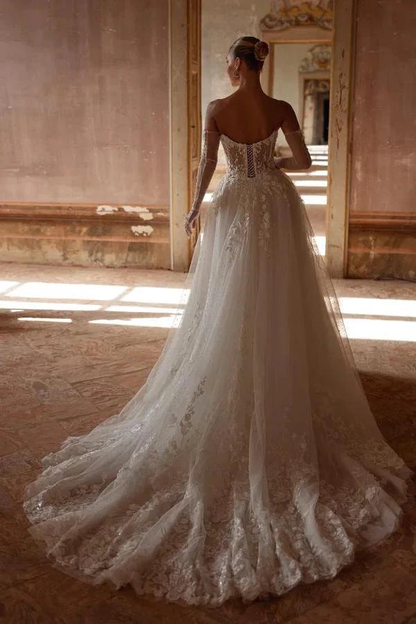 Elegant Ivory Long A-Line Strapless Lace Sweetheart Wedding Dresses (ZD14484)