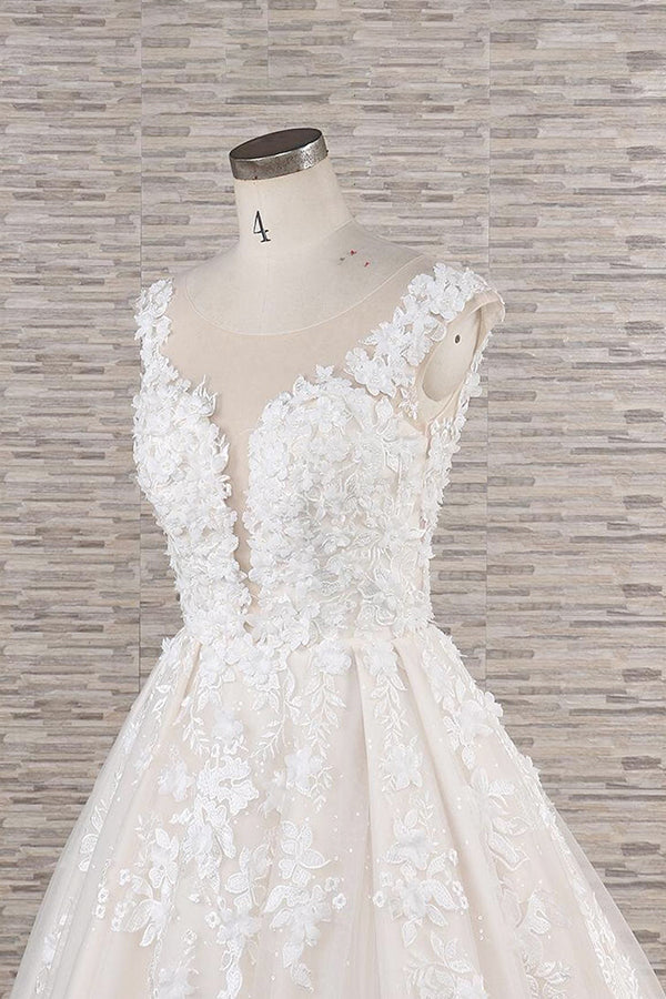 Elegant Jewel Straps A-line Wedding Dress | Champgne Tulle Bridal Gowns With Appliques