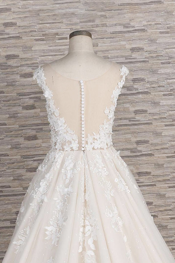 Elegant Jewel Straps A-line Wedding Dress | Champgne Tulle Bridal Gowns With Appliques