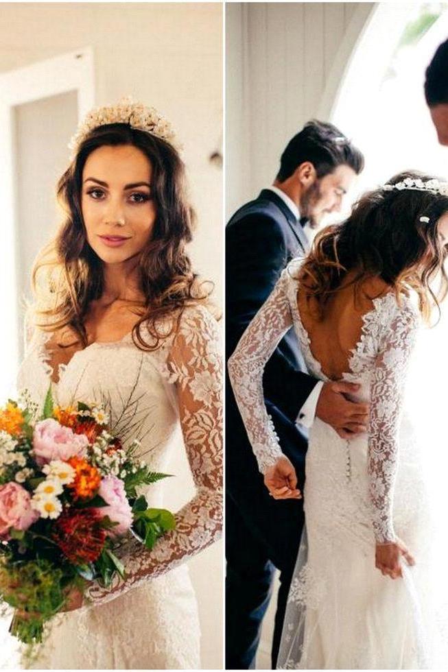 Elegant Lace Long Sleeve Wedding Gowns Latest V-Neck Open Back Beach Bridal Dresses