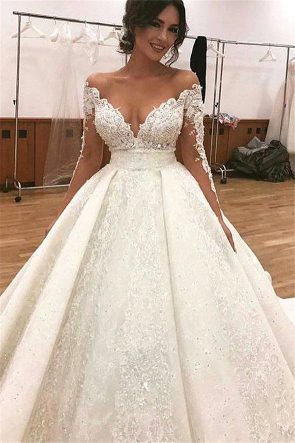 Elegant Lace Long Sleeves Wedding Dresses | Ball Bridal Gowns with Beadings