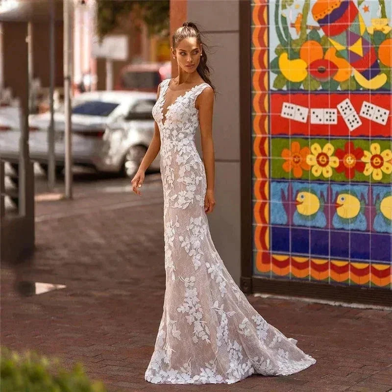 Elegant Lace Mermaid Vestidos De Novia Beach Open Back Sleeveless Wedding Dresses Appliques Vestido De Noiva (ZD13285)