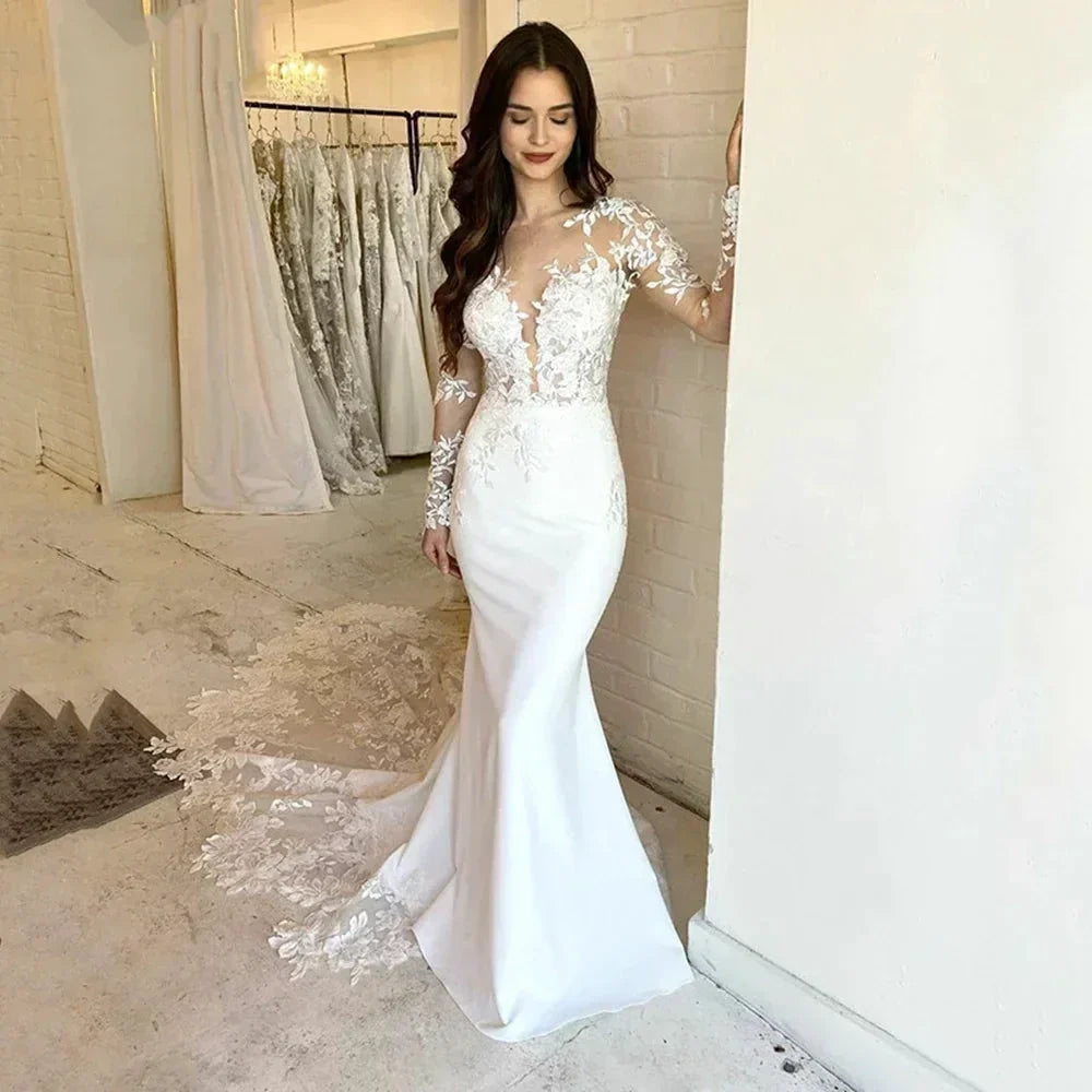 Elegant Lace Mermaid Wedding Dresses For Women Long Sleeve Lace Appliqued Bridal Gown Illusion Back Ivory Vestido De Novias by payinti