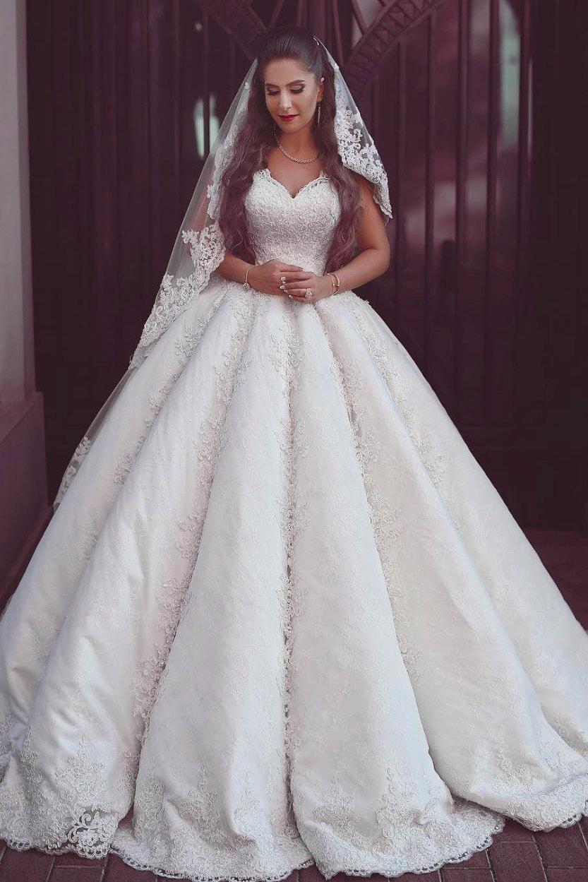 Elegant Lace Straps Wedding Dresses | Puffy Sleeveless Bridal Ball Gowns