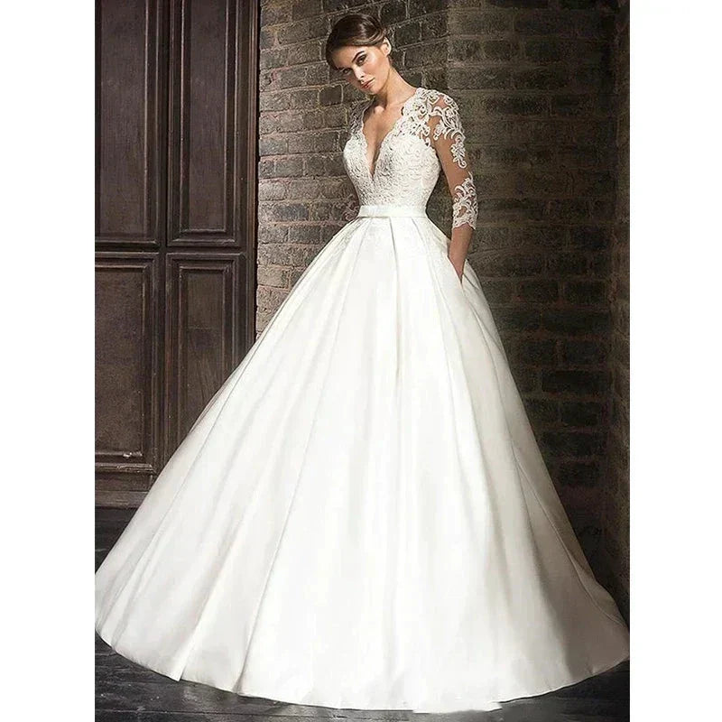 Elegant Lace Wedding Dresses Sexy Deep V-Neck Vestido De Novia Sleeve Bridal Gowns with Pockets Customized Robe Mariee by payinti