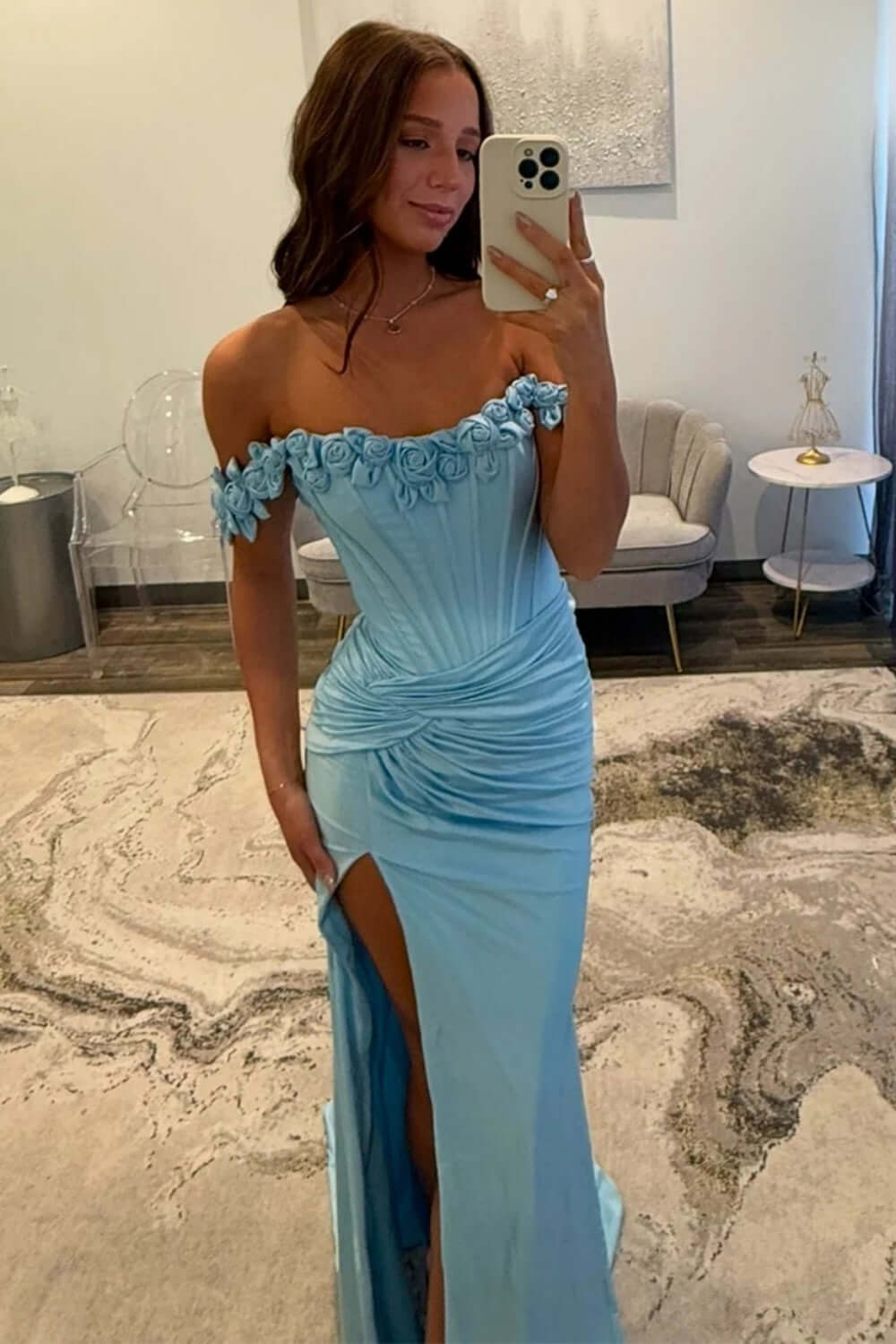 Light Blue Prom Dress Off The Shoulder Corset Mermaid Long Formal Dress With Slit