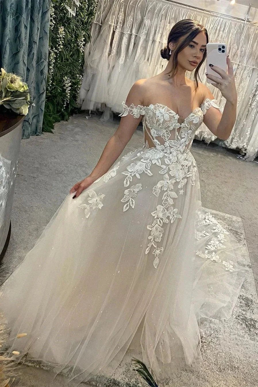 Elegant Long A-line Off-the-shoulder Sweetheart Appliques Glitter Wedding Dress (ZD15661) - VelvetHem