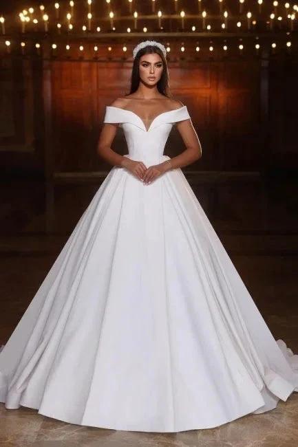 Elegant Long A-line Off-the-shoulder V-neck Satin Wedding Dress (ZD15606) - VelvetHem