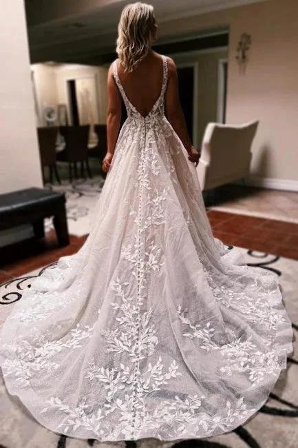 Elegant Long A-line V-neck Backless Lace Glitter Sleeveless Wedding Dresses (ZD15594)