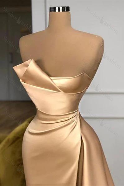 Elegant Long Champagne A-line Sleeveless Split Prom Dress With Train