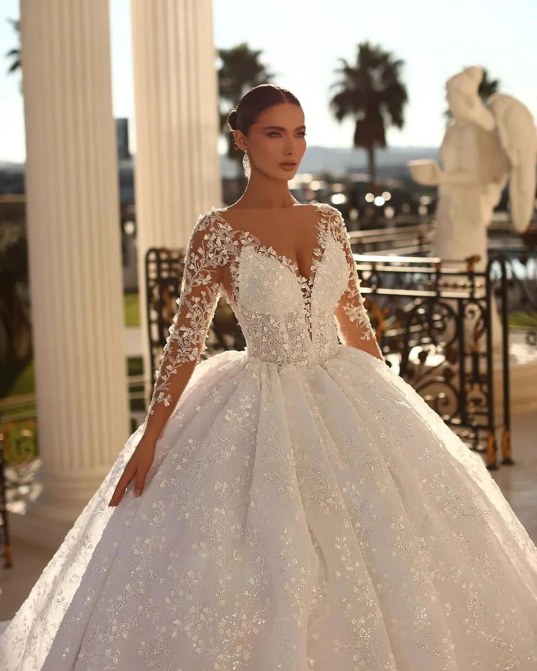 Elegant Long Ivory V-neck Ball Gown Lace Wedding Dress With Long Sleeves (ZD15655)
