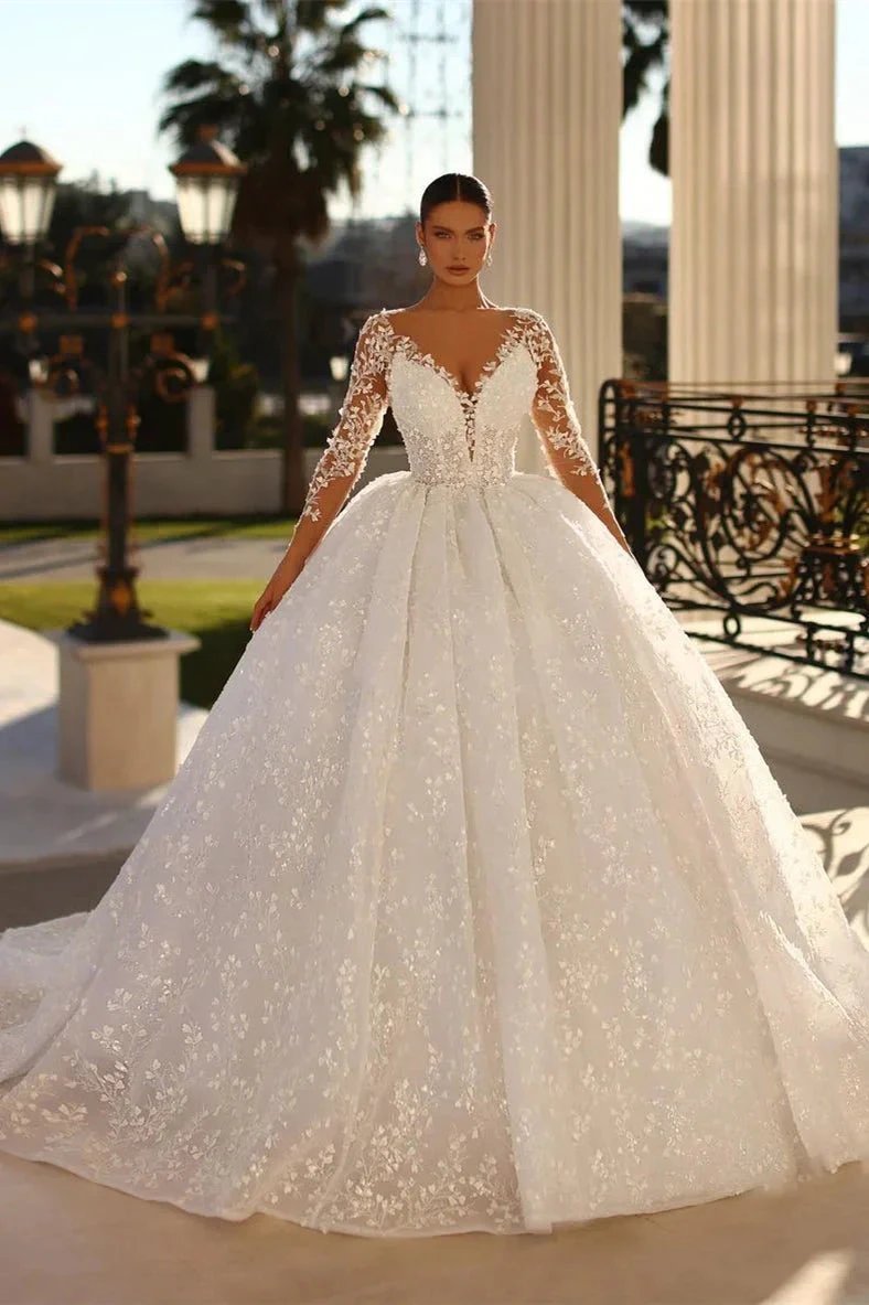 Elegant Long Ivory V-neck Ball Gown Lace Wedding Dress With Long Sleeves (ZD15655)