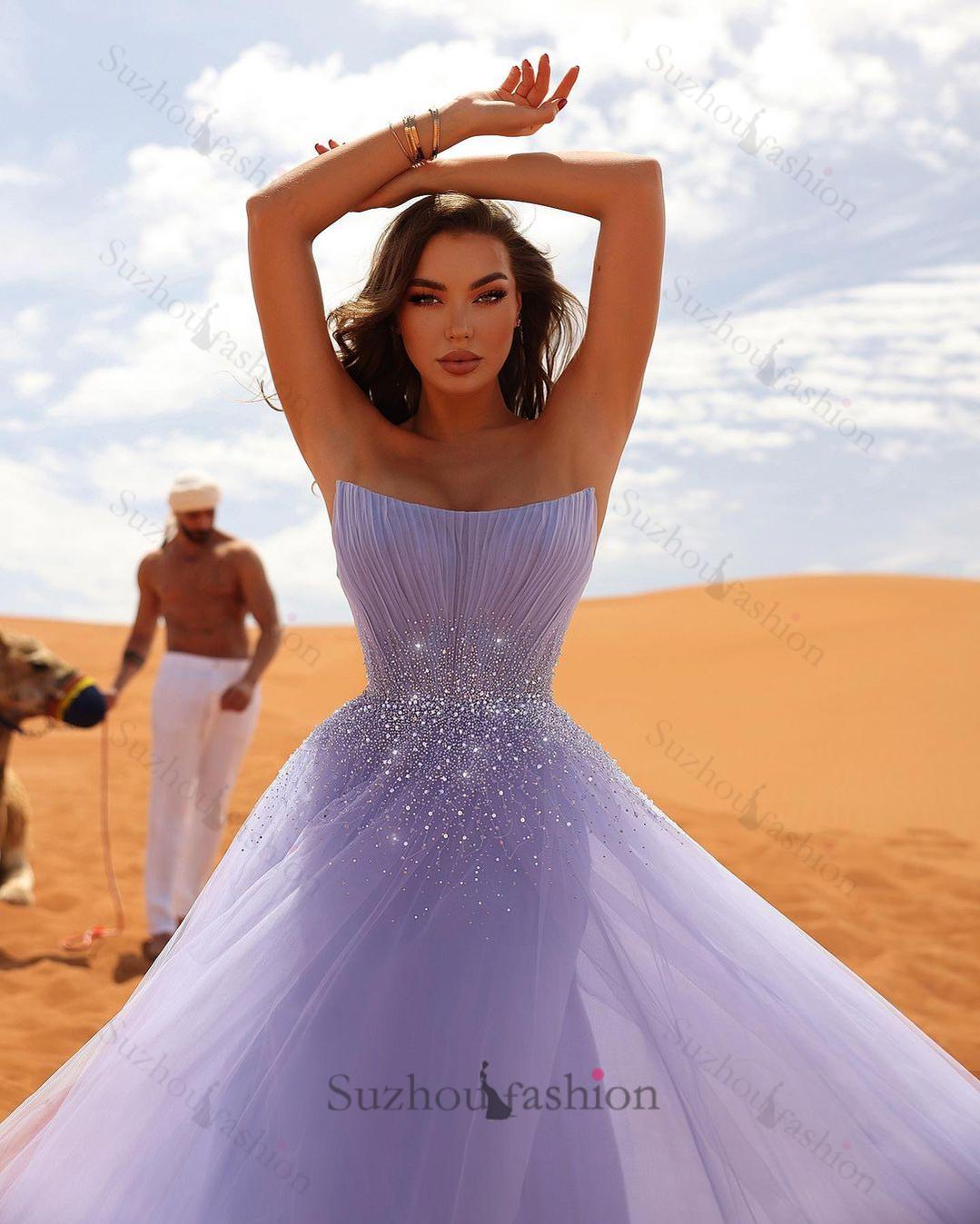 Elegant Long Lilac Sleeveless Rhinestones Tulle Prom Dresses