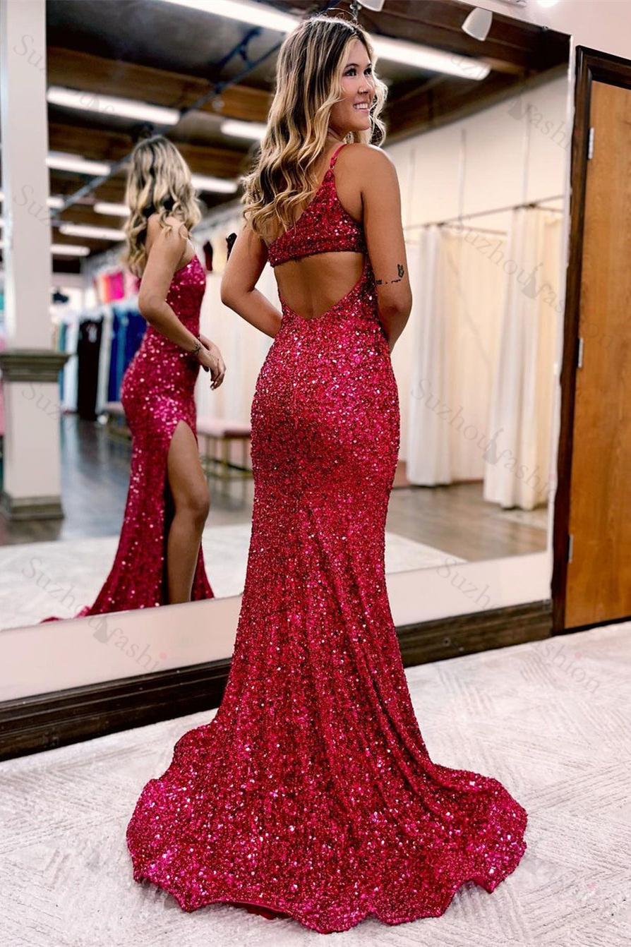 Elegant Long One Shoulder Evening Dress Sequined Mermaid