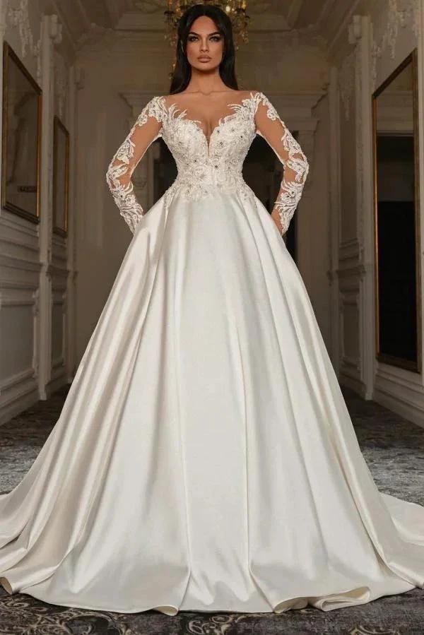 Elegant Long Sleeves A-line Sweetheart Satin Lace Wedding Dresses with Pockets (ZD14488) - VelvetHem