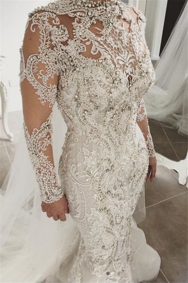 Elegant Long Sleeves Lace Crystal Wedding Dresses | Sexy Mermaid Bridal Gowns with Buttons