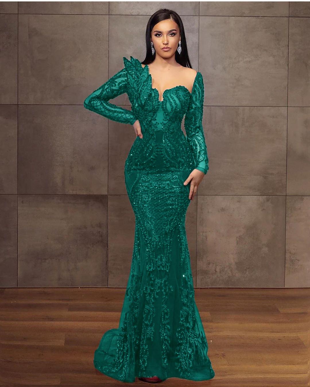 Elegant Long Sleeves Tulle Red Lace Appliques Mermaid Evening Dresses
