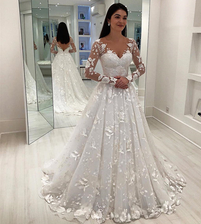 Elegant Long Sleeves V-Neck A-Line Wedding Dress | Lace Appliques Sweep Train Bridal Gown On Sale