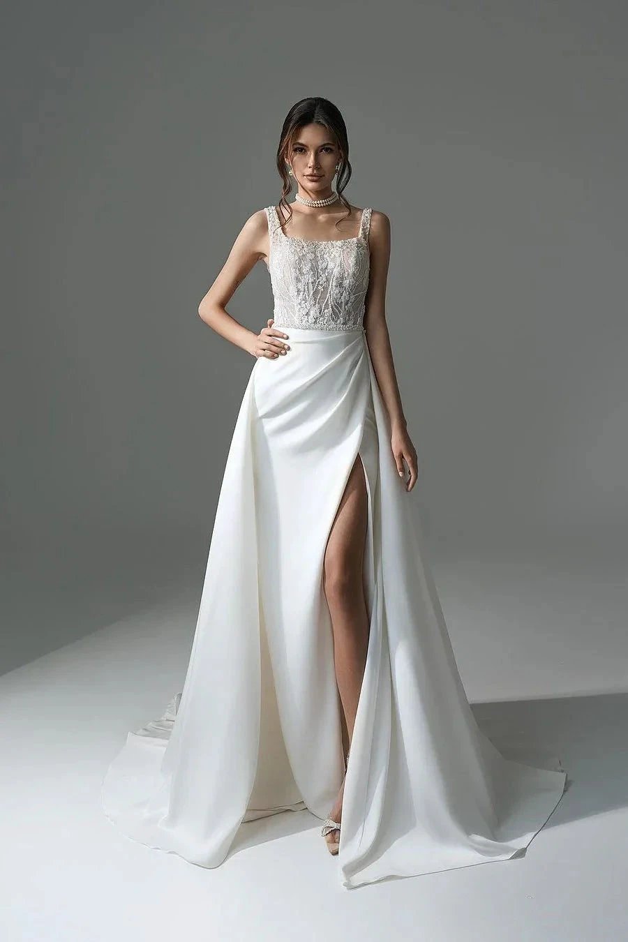 Elegant Long White A-line Beading Lace Pearls Sleeveless Wedding Dress With Slit (ZD15678)