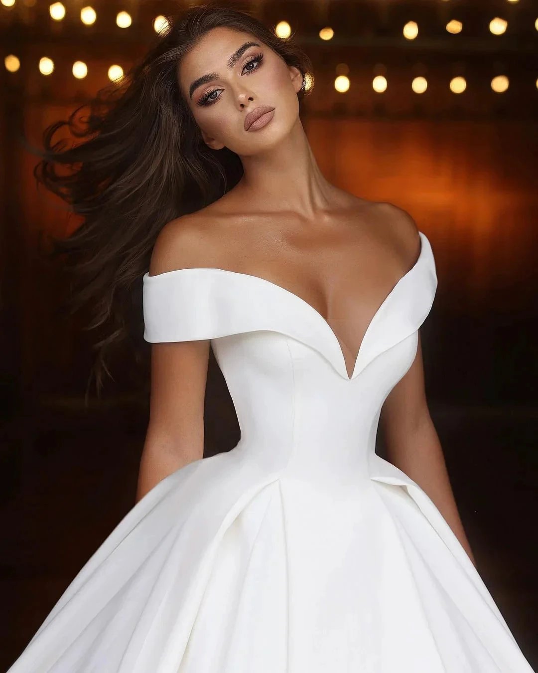 Elegant Long White A-line Off-the-shoulder V-neck Satin Wedding Dress (ZD15674)
