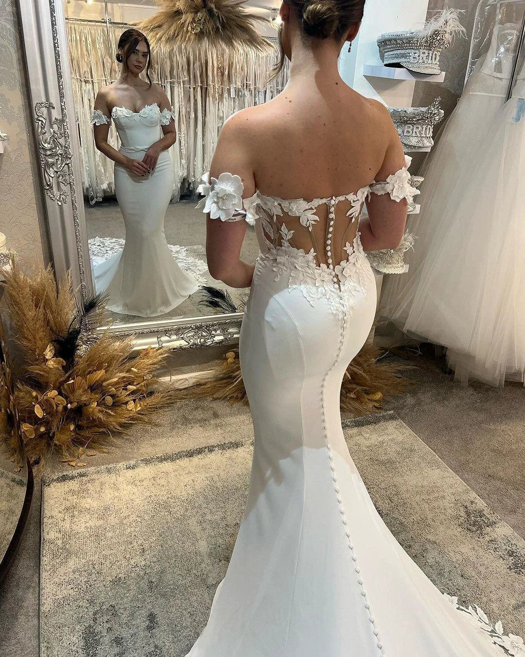 Elegant Long White Mermaid Off-the-shoulder Appliques Wedding Dress With Train (ZD15663)