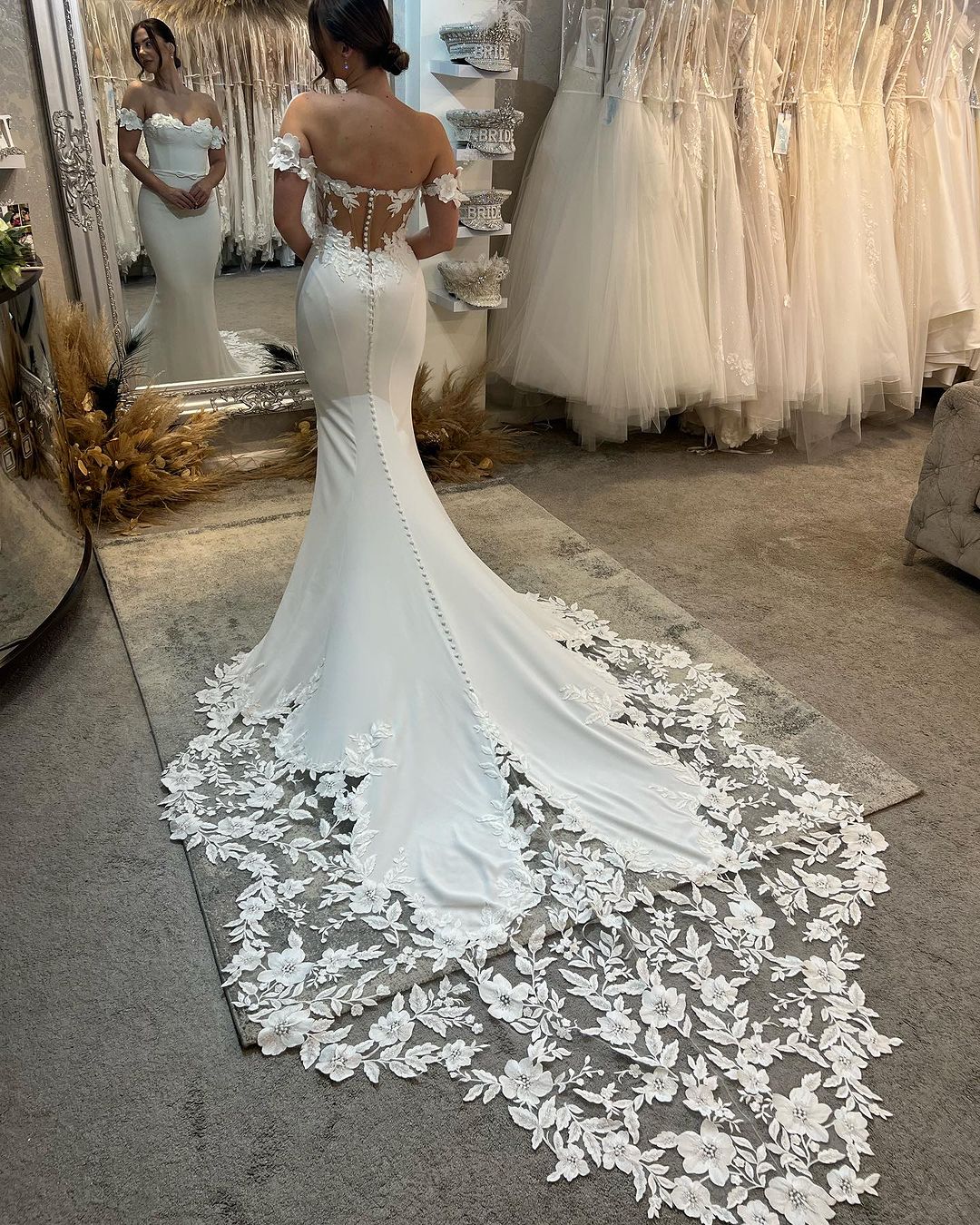 Elegant Long White Mermaid Off-the-shoulder Appliqué Wedding Gown With Train (ZD17463)