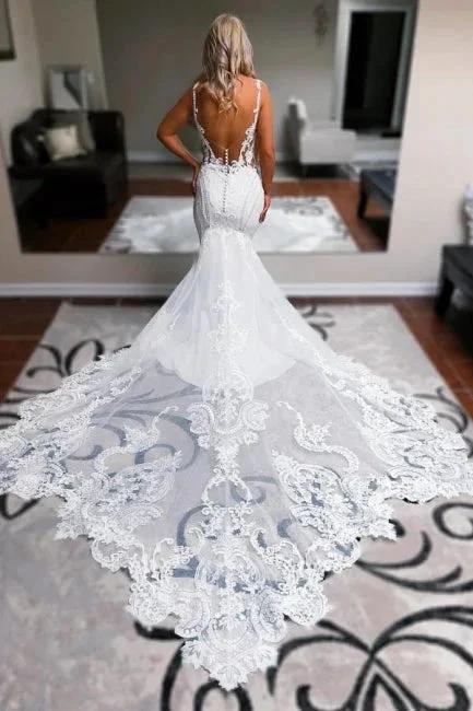 Elegant Long White Mermaid Straps V-neck Backless Wedding Dress with Lace (ZD15598)