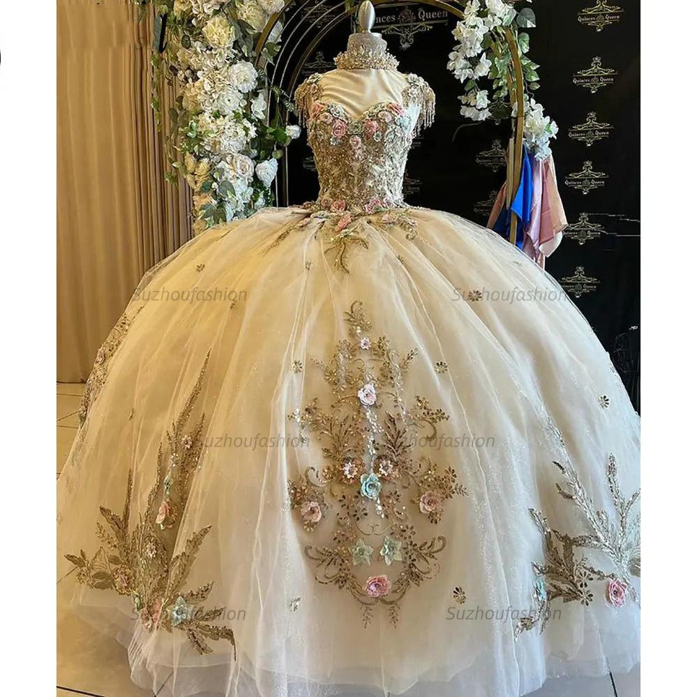 Elegant & Luxury Ball Gown Sweetheart Neck 3D Flowers Lace Appliques Beaded Bow Knot Champagne Tulle Quinceanera Dress Birthday Party Gown For Sweet 16