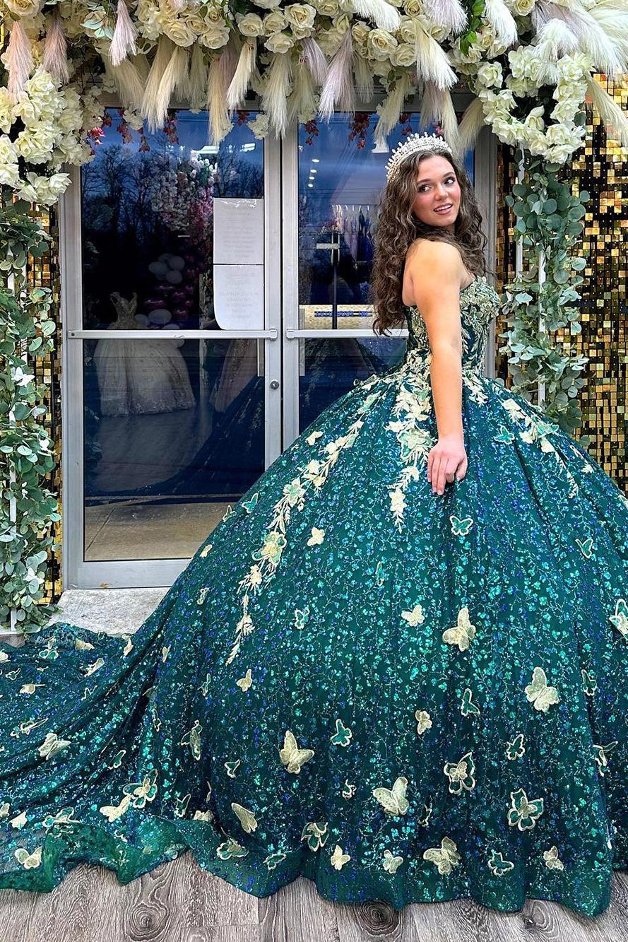 Elegant & Luxury Ball Sweetheart Gown 3D Gold Butterfly Lace Appliques Sequined Beaded Hunter Green Tulle Quinceanera Dress For Sweet 16