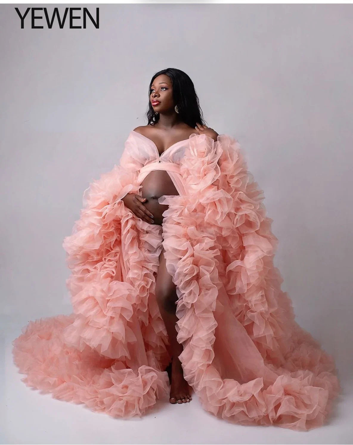 Elegant Maternity Photography Prop Pregnancy Dress for Photo Shooting Organza Ruffle Pregnant Women Dresses Maxi Maternity Gown