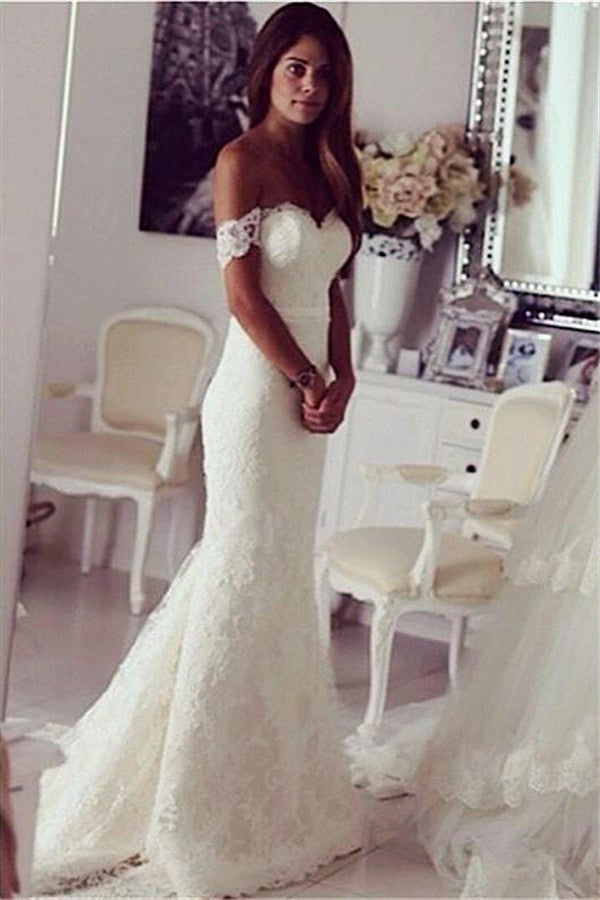 Elegant Mermaid Beach Wedding Dresses Off-the-shoulder Slinky Lace Wedding Gown BA3864