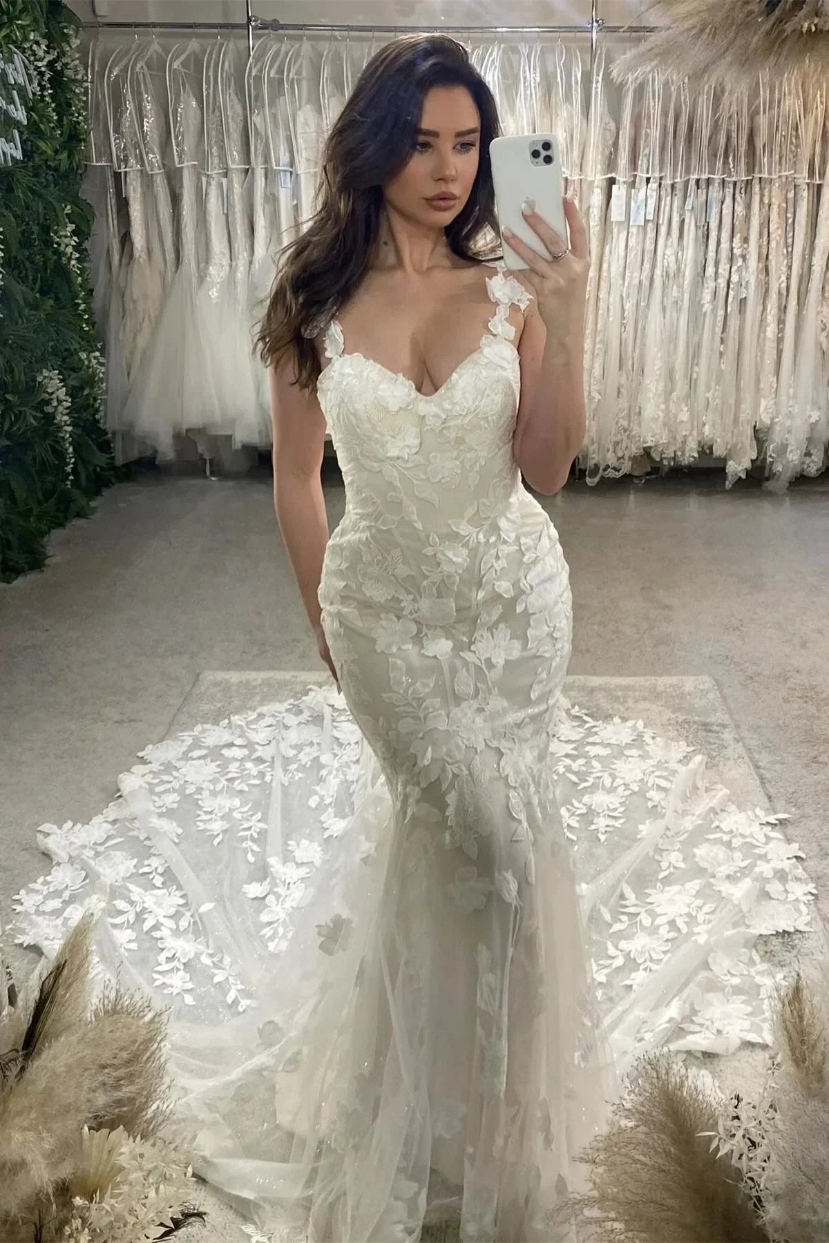 Elegant Mermaid Off-the-shoulder Sleeveless Appliques Tulle Lace Train Wedding Dress (ZD15585) - VelvetHem