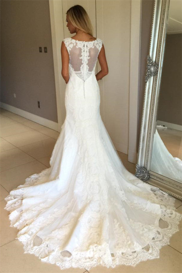 Elegant Mermaid Sleeveless Wedding Dress | Lace Appliques Bridal Gowns