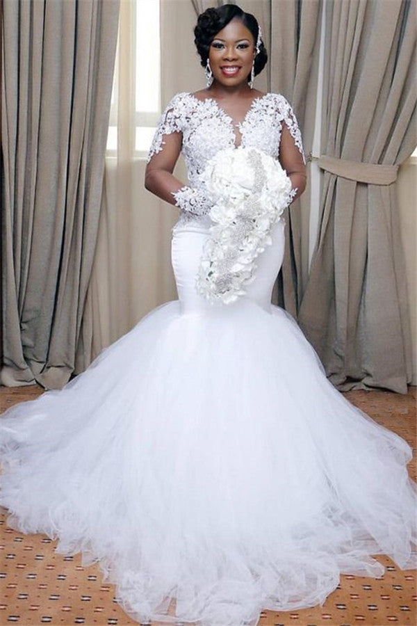 Elegant Mermaid Tulle Lace Wedding Dresses | Long Sleeves Bridal Gowns